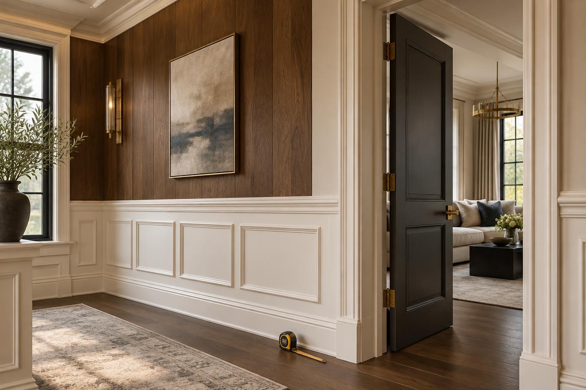 Custom wainscoting, crown molding and casing in a hallway
