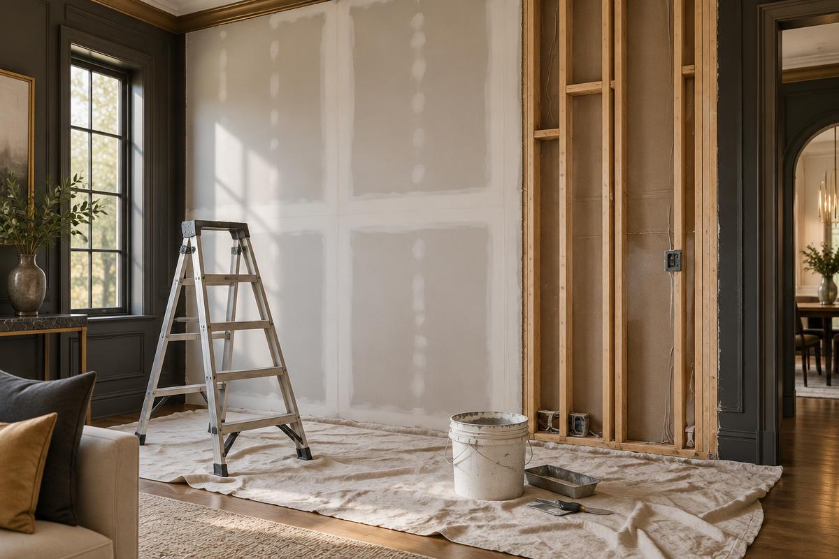 New drywall panels and framing on a wall under renovation