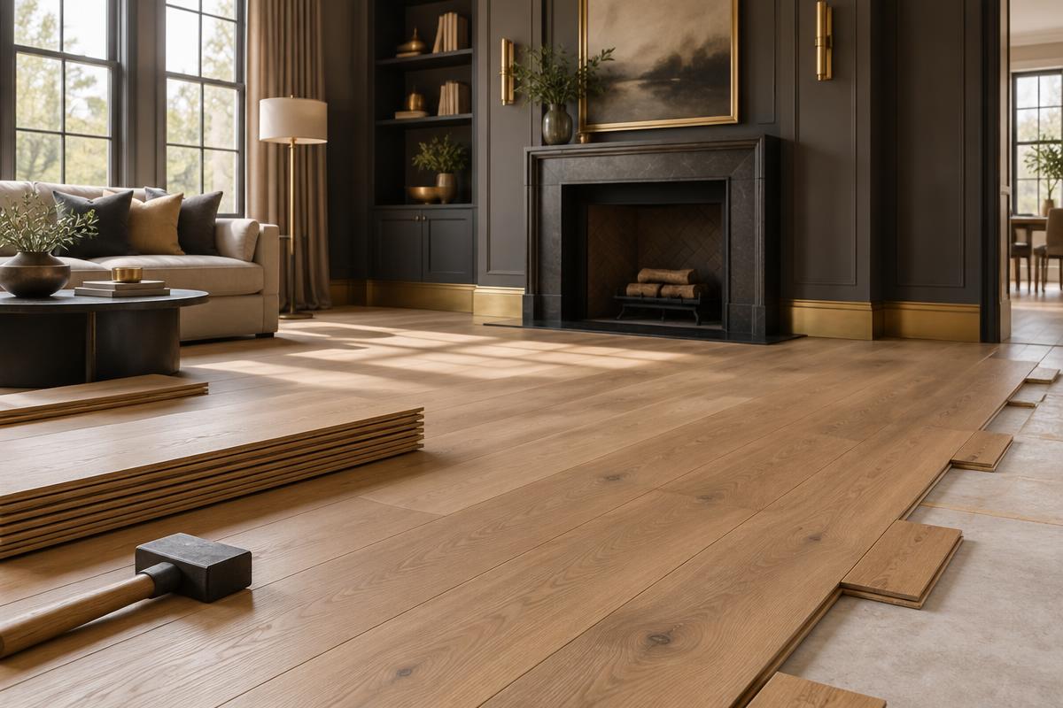 Hardwood planks being installed in a living room