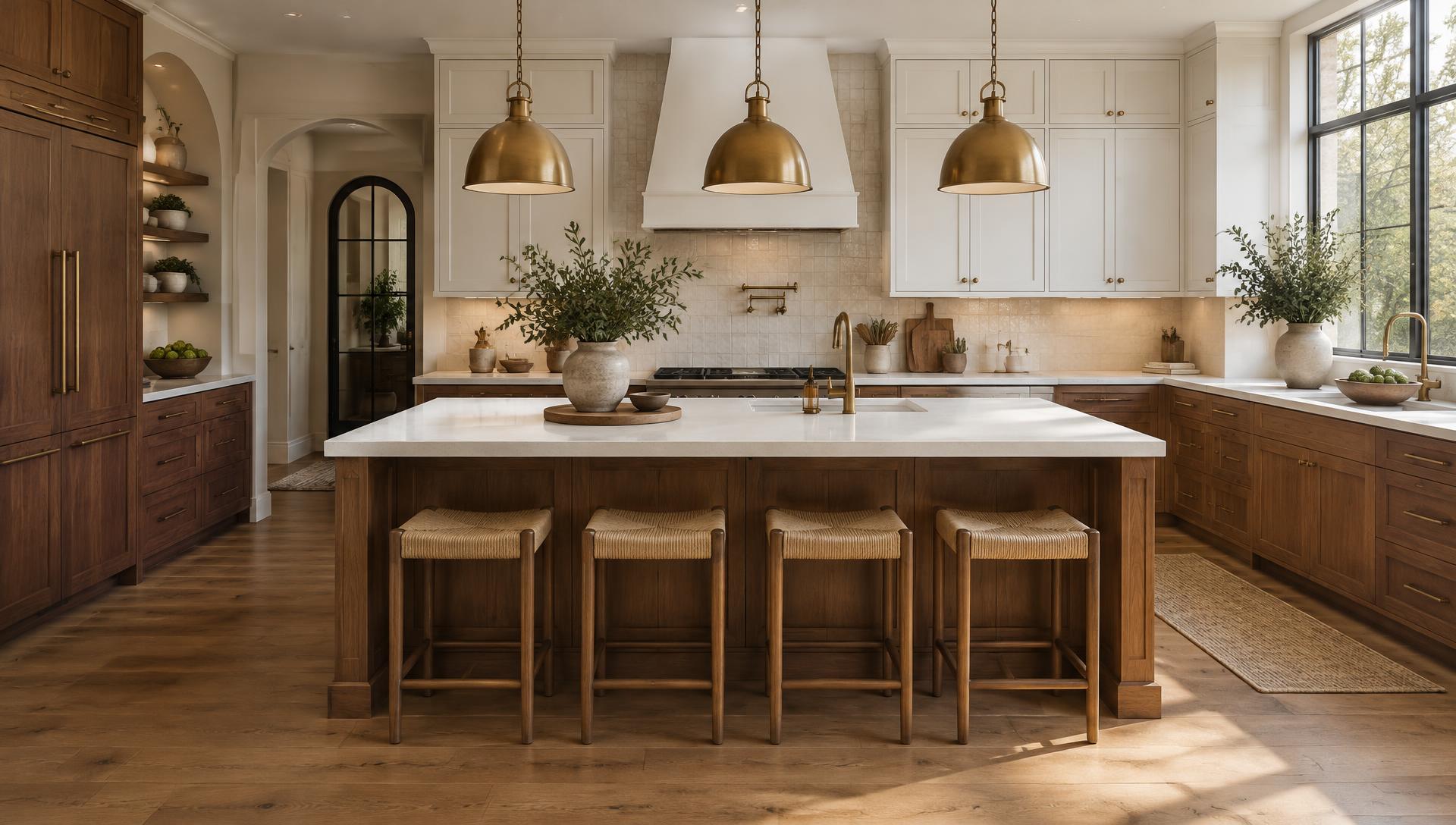 Beautiful kitchen with custom walnut cabinets, quartz island and brass fixtures