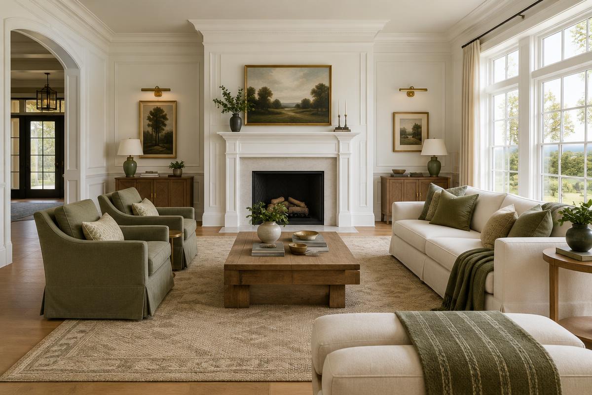 Living room with fresh paint, new trim and a fireplace